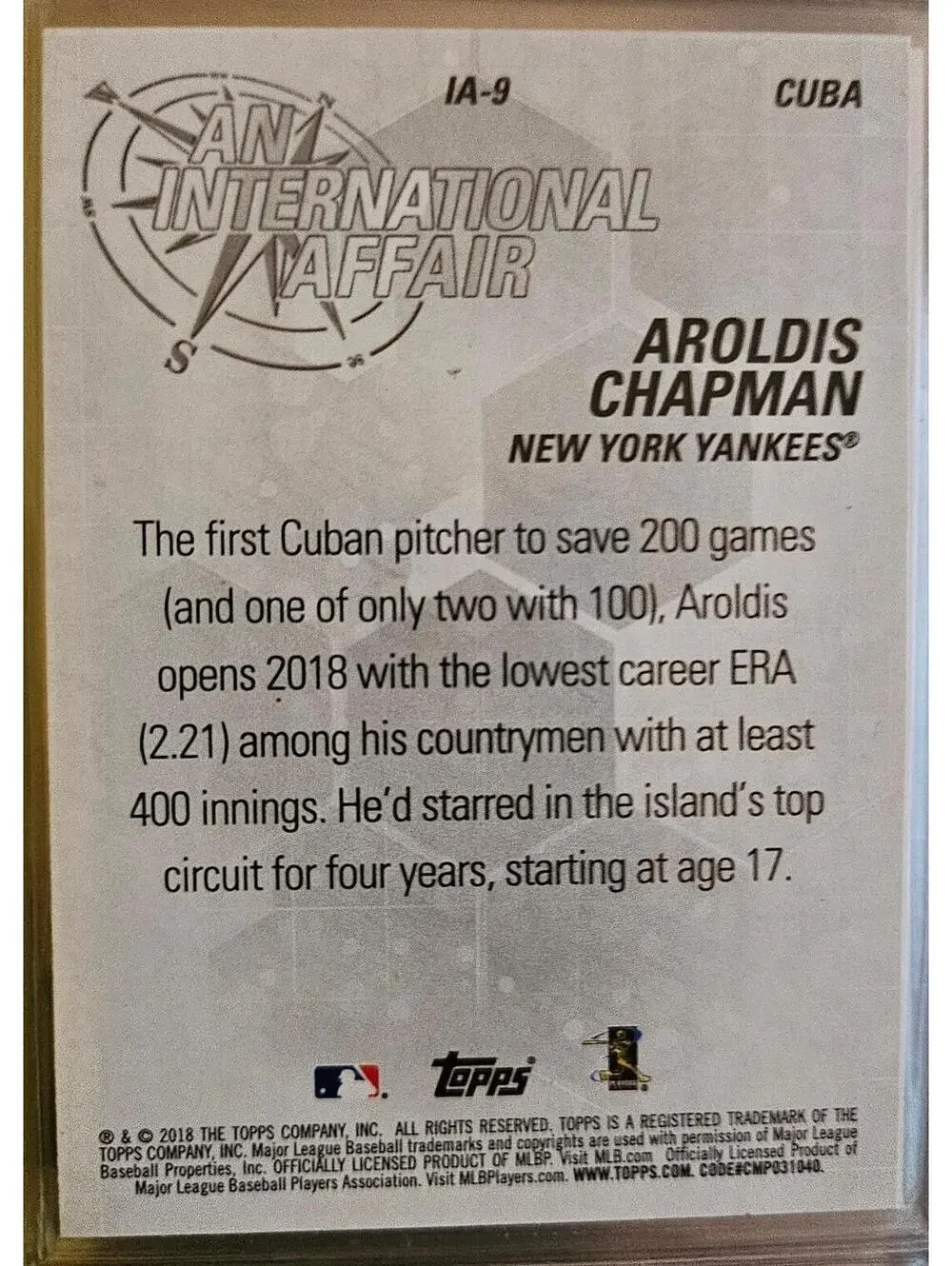 2018 Topps Update AROLDIS CHAPMAN An International Affair - YANKEES - #IA9